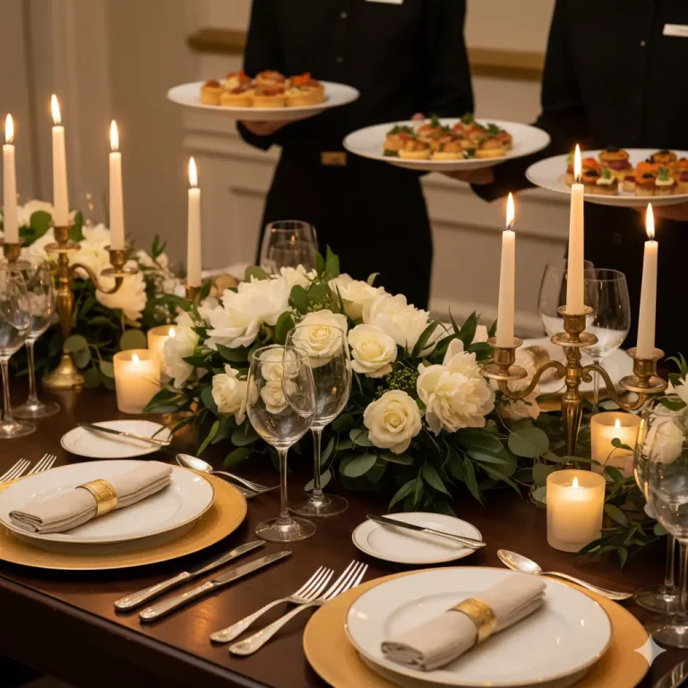 An elegantly set dinner table under soft ambient lighting, with fine china, crystal glassware, gold accents, fresh florals, candles flickering, and a subtle hint of luxurious food in the background (e.g. plated gourmet hors d’oeuvres). The overall mood: warm, inviting, refined, upscale.
