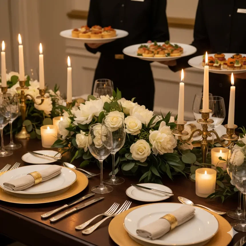 An elegantly set dinner table under soft ambient lighting, with fine china, crystal glassware, gold accents, fresh florals, candles flickering, and a subtle hint of luxurious food in the background (e.g. plated gourmet hors d’oeuvres). The overall mood: warm, inviting, refined, upscale.