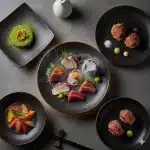 A dramatic overhead shot of a contemporary Japanese tasting menu — multiple courses artfully plated (sashimi, wagyu bites, matcha dessert, citrus garnish) on dark ceramic dishes, with soft moody lighting, minimalist backdrop, subtle steam/glow to evoke freshness and innovation.
