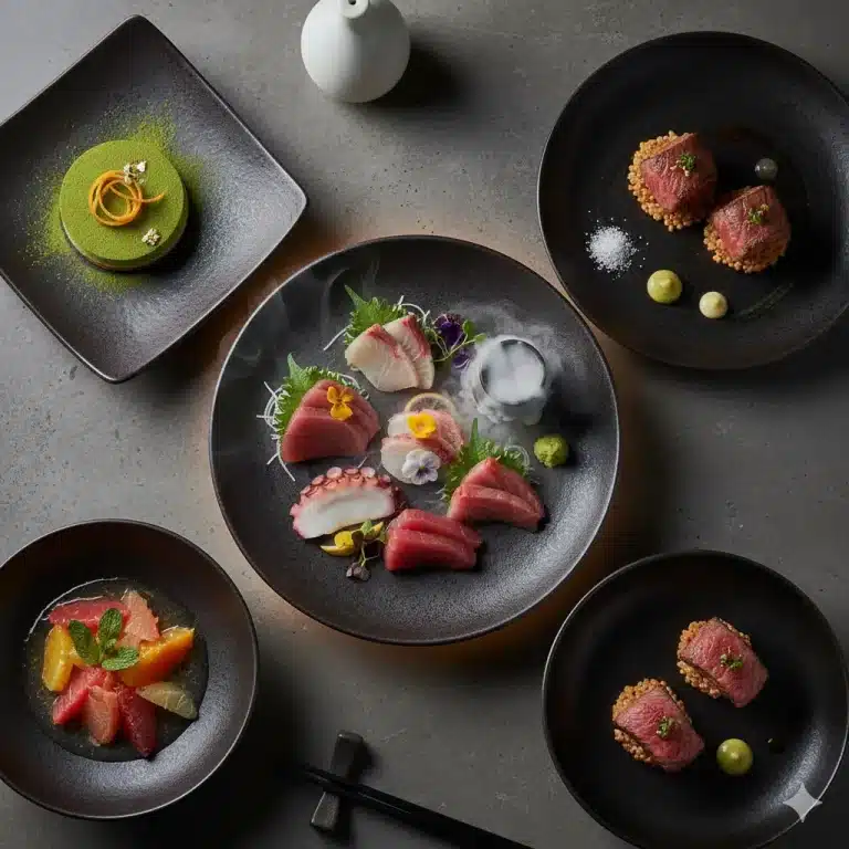 A dramatic overhead shot of a contemporary Japanese tasting menu — multiple courses artfully plated (sashimi, wagyu bites, matcha dessert, citrus garnish) on dark ceramic dishes, with soft moody lighting, minimalist backdrop, subtle steam/glow to evoke freshness and innovation.