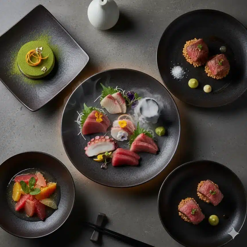 A dramatic overhead shot of a contemporary Japanese tasting menu — multiple courses artfully plated (sashimi, wagyu bites, matcha dessert, citrus garnish) on dark ceramic dishes, with soft moody lighting, minimalist backdrop, subtle steam/glow to evoke freshness and innovation.