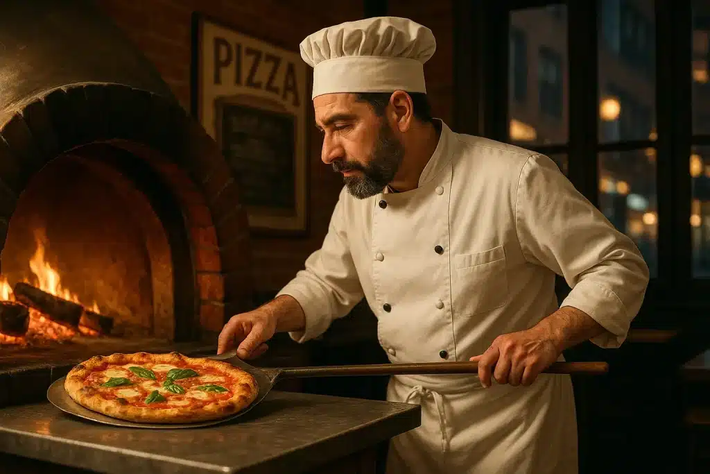 a chef cooking italian pizza in a NYC restaurant