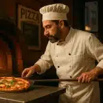a chef cooking italian pizza in a NYC restaurant
