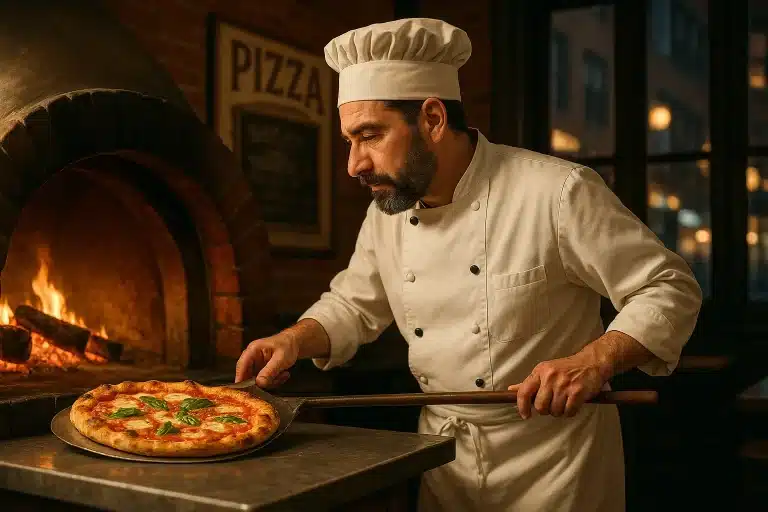 a chef cooking italian pizza in a NYC restaurant