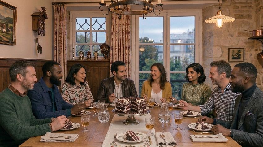 Freunde genießen Schwarzwälder Kirschtorte