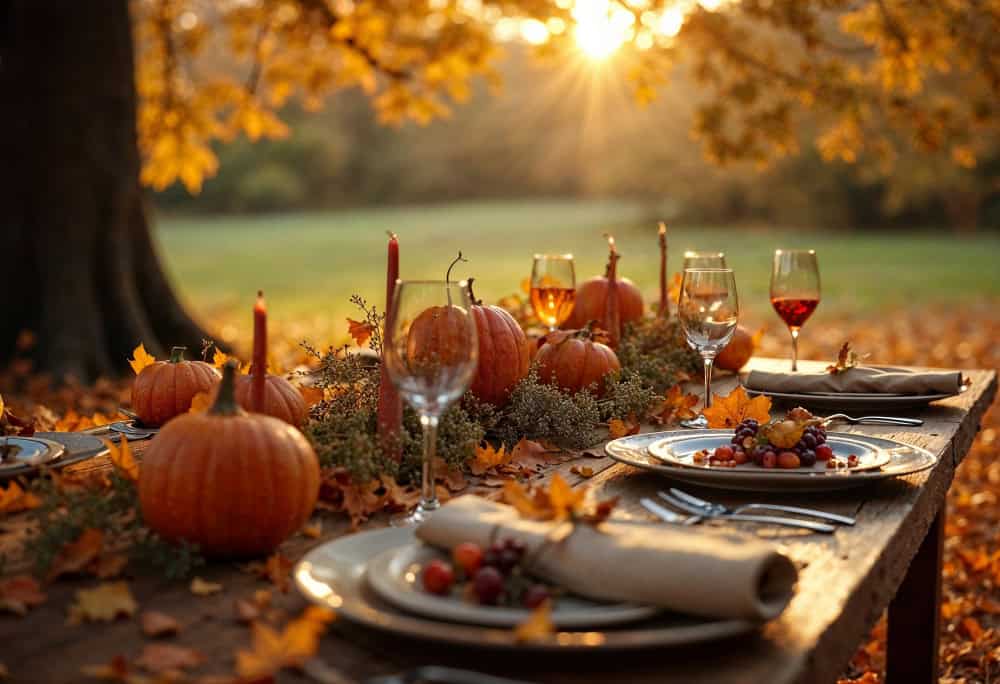 Rustic Autumn dinner table with warm tones and candles