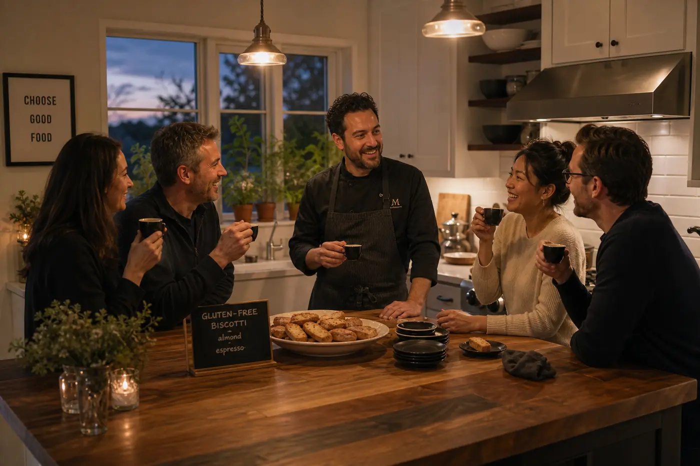 Gluten Free Dinner Party Menu Ideas for a Stress-Free Celebration Guests and chef enjoying espresso and gluten-free biscotti around a warm, cozy kitchen island in a modern American home after a dinner party.