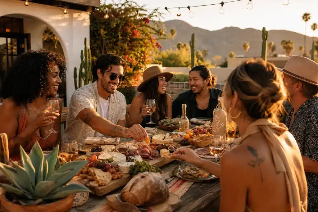 Friends enjoying a relaxed backyard party around a rustic table with a large charcuterie spread at golden hour in a California desert setting
