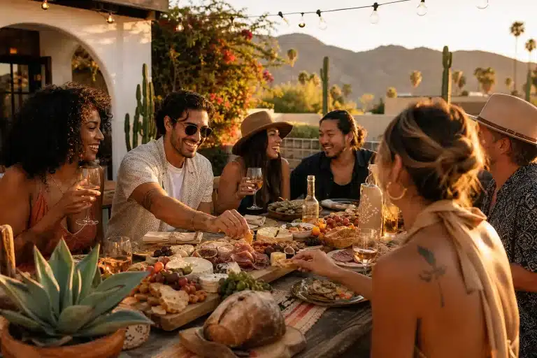 Friends enjoying a relaxed backyard party around a rustic table with a large charcuterie spread at golden hour in a California desert setting
