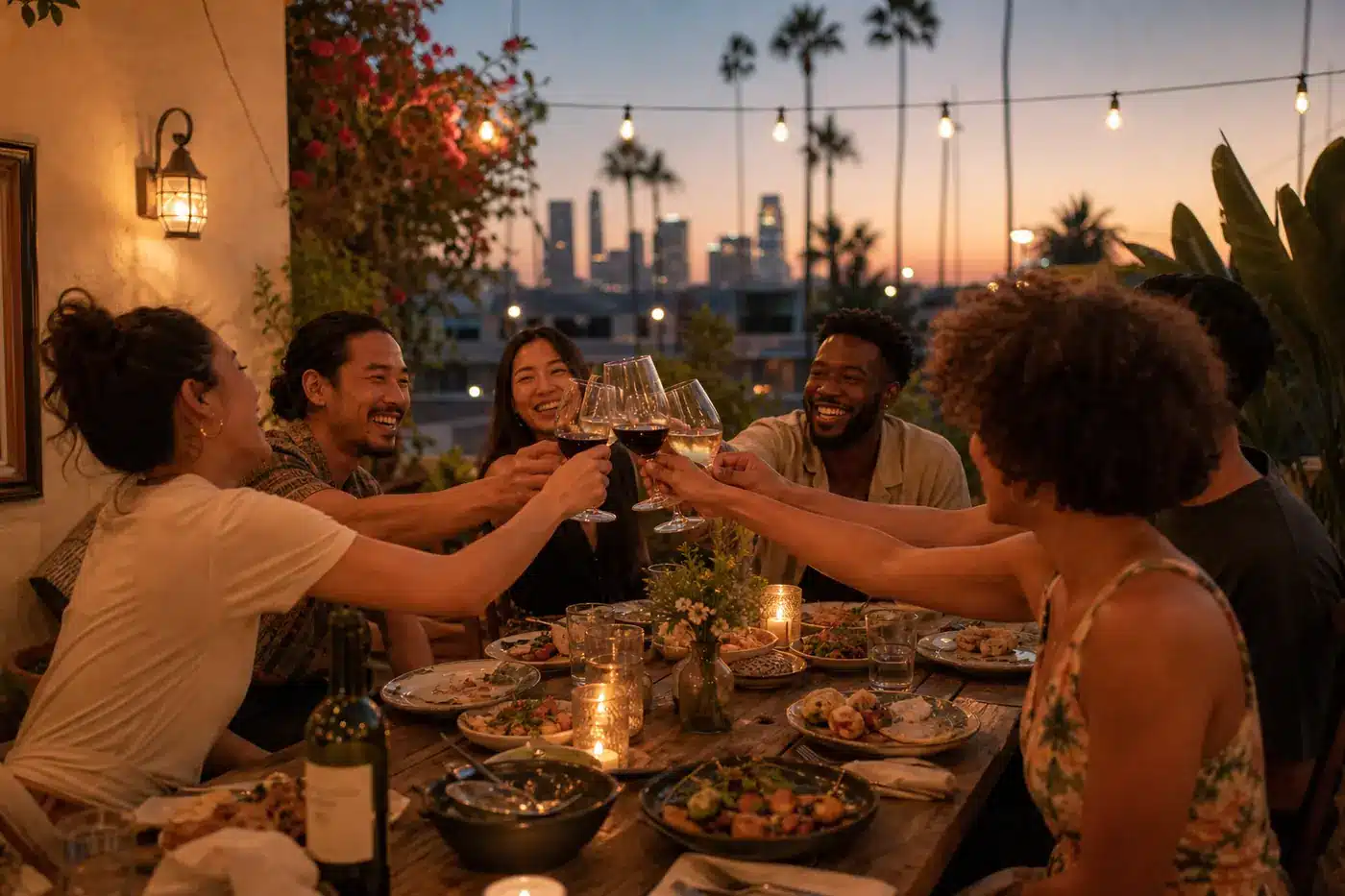 Dinner Ideas for Friend Gathering: Stress-Free Hosting Tips Friends sharing a joyful toast around a candlelit backyard table under string lights in Los Angeles at dusk