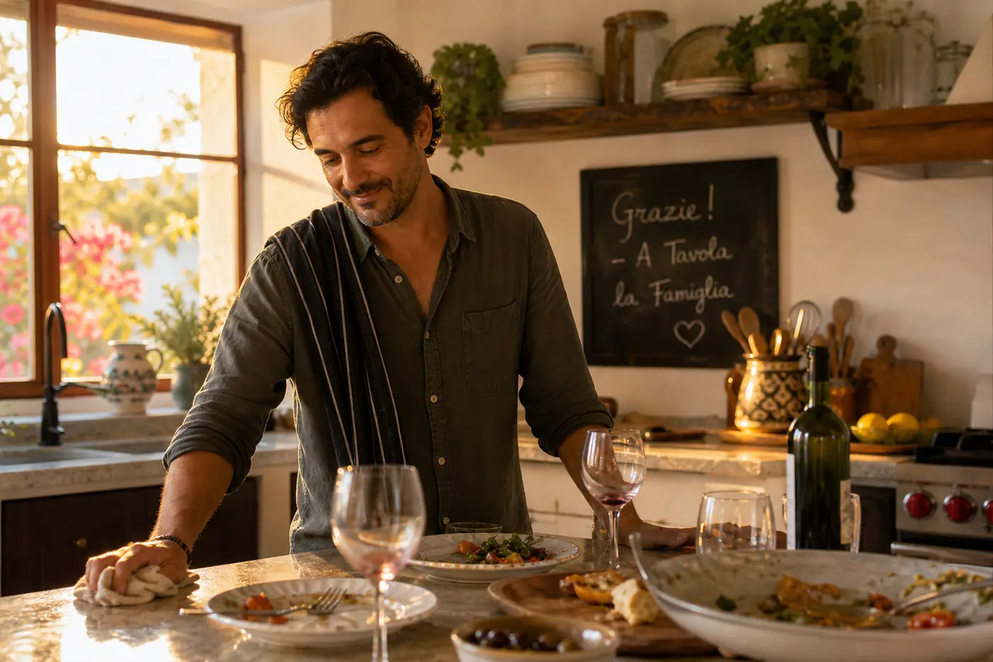 How to Start a Personal Chef Business from Home personal chef quietly cleaning up the kitchen after a small family gathering, looking content and proud