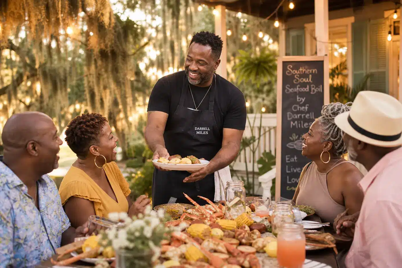 How to Host a Seafood Boil Party: Tips for a Perfect Celebration Charleston chef Darrell Miles casually engaging with guests at a Southern seafood boil party on a backyard porch during golden hour.