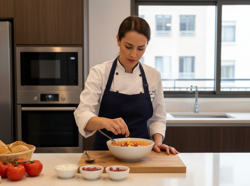 ¿Cómo hacer salmorejo cordobés? Receta de auténtico chef chef haciendo un salmorejo cordobés