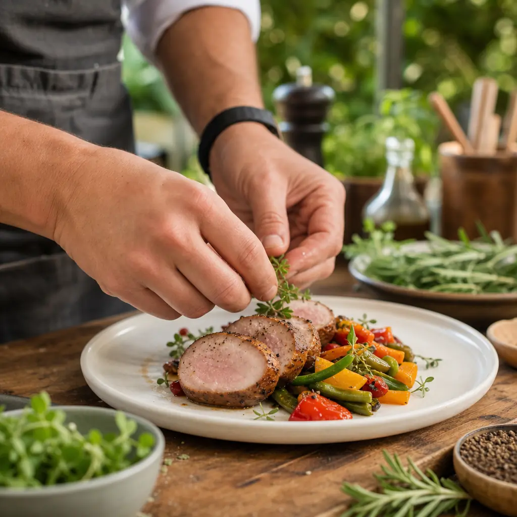 Graduation Party Food Ideas: Easy & Crowd-Pleasing Menus for 2026 Chef’s hands plating pork tenderloin medallions with vibrant sides on a white plate in a warm outdoor kitchen setting.