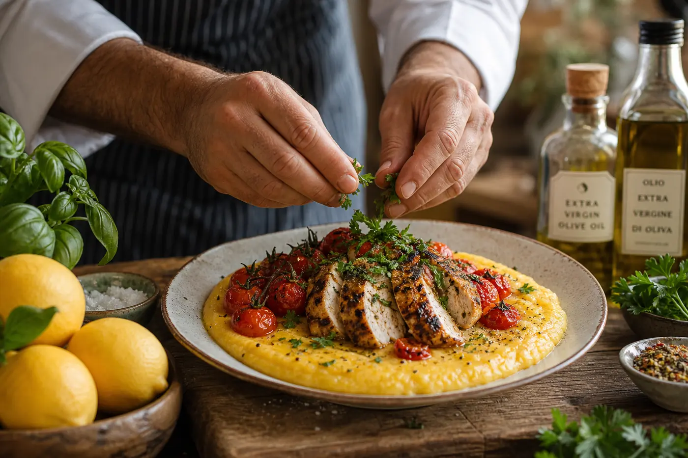Gluten Free Dinner Party Menu Ideas for a Stress-Free Celebration Close-up of chef’s hands plating a gluten-free Mediterranean dish of grilled lemon-herb chicken on creamy saffron polenta in a warm home kitchen.