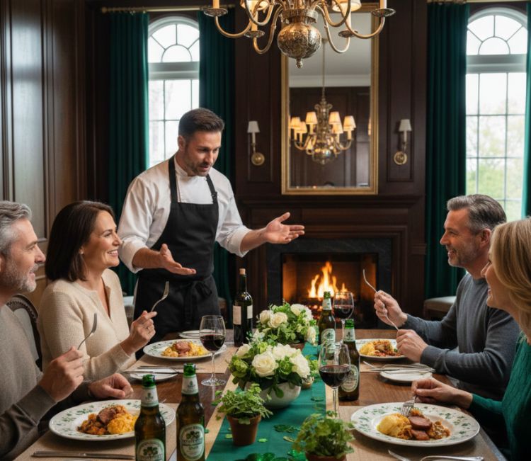 chef privé expliquant plat dîner de la Saint-Patrick