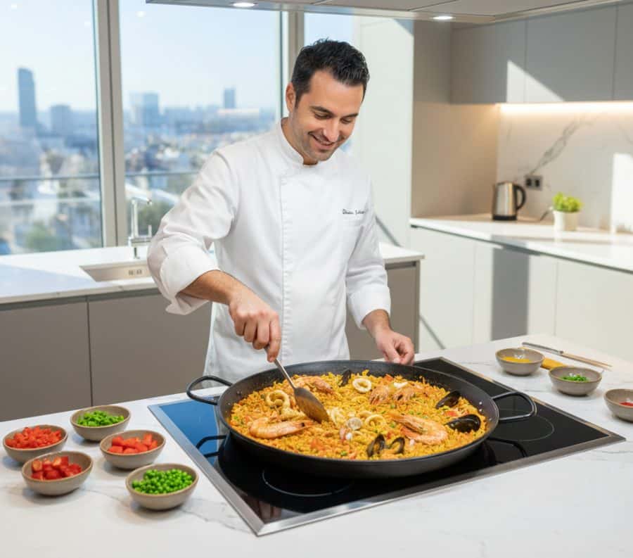 ¿Dónde comer la mejor fideuá de Barcelona? cocinero en Barcelona haciendo fideuá