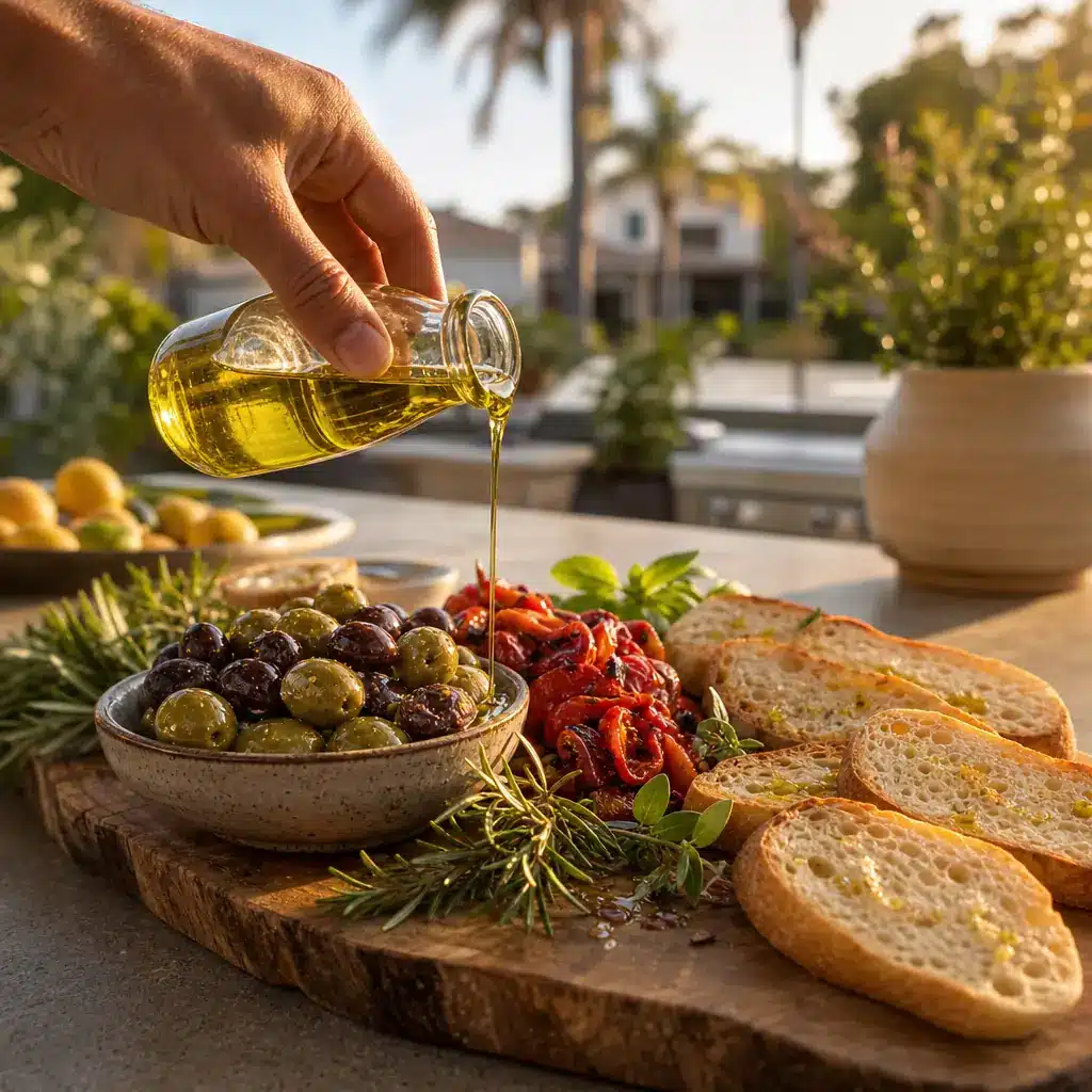 Dinner Ideas for Friend Gathering: Stress-Free Hosting Tips Hand drizzling olive oil over a rustic antipasto platter in a warm outdoor LA backyard kitchen setting