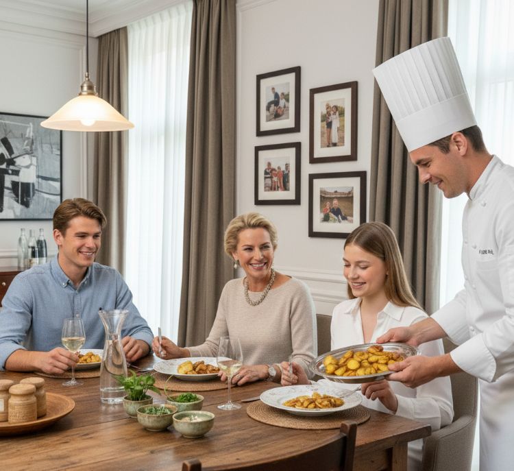 ein Privatkoch der Bratkartoffeln serviert