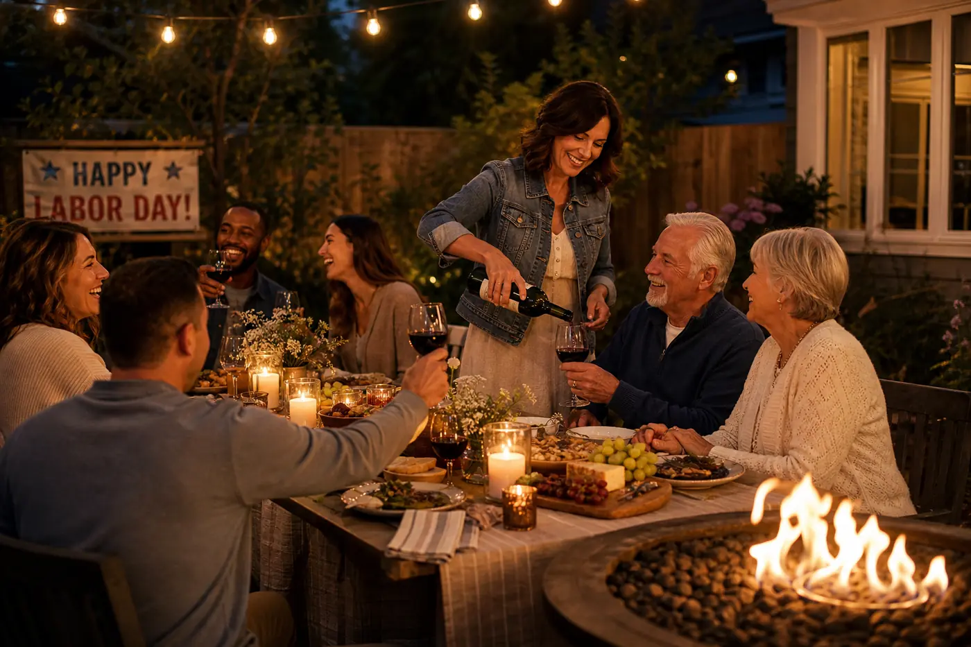 Labor Day Dinner Ideas: Stress-Free Planning & Menu Inspiration Guests relax and laugh around a warmly lit backyard dinner table under string lights and candles during an intimate Labor Day evening gathering.