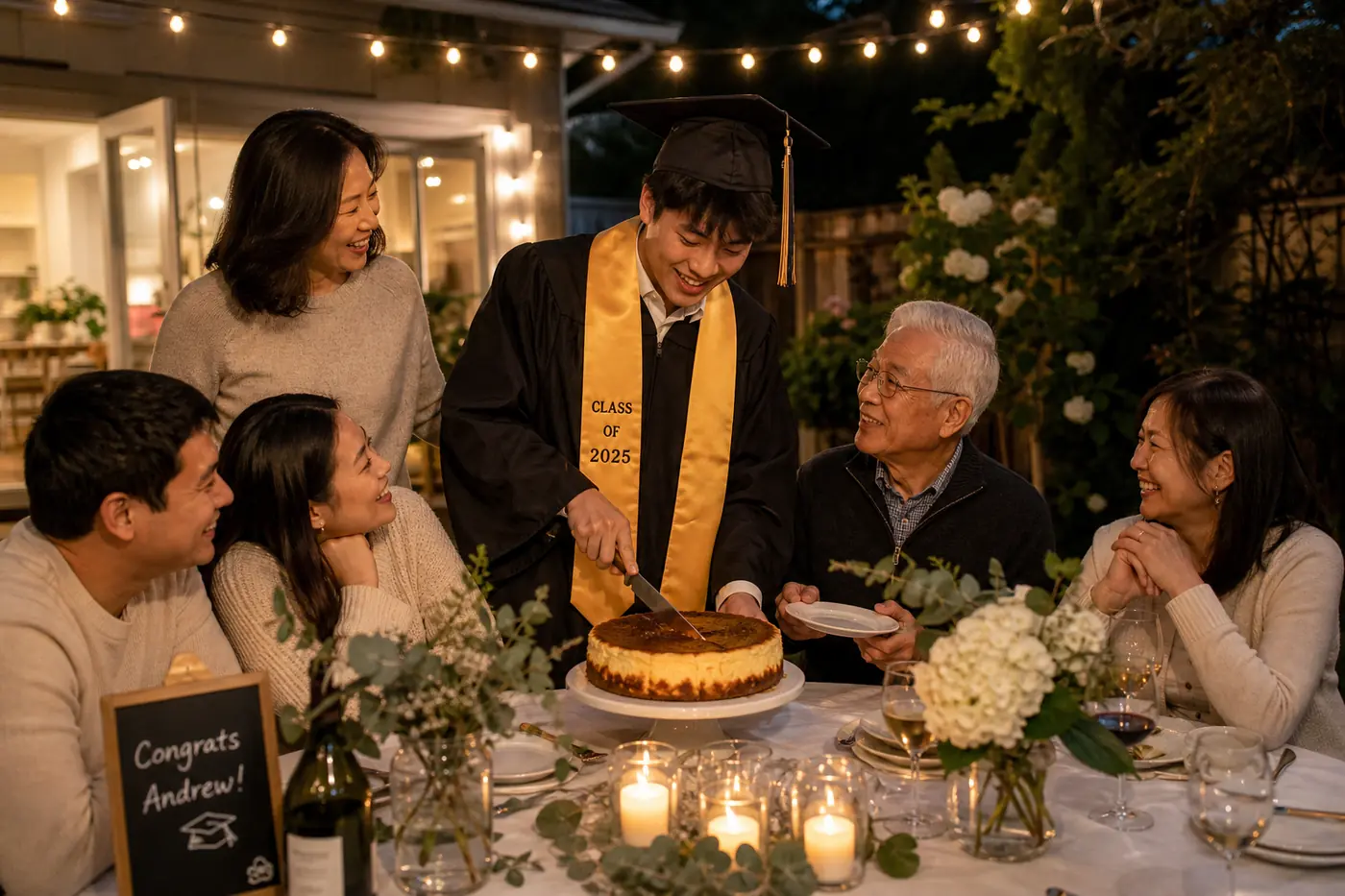 Graduation Party Food Ideas: Easy & Crowd-Pleasing Menus for 2026 Graduate cutting Basque cheesecake at a warmly lit backyard table with family and chef sharing a joyful moment.
