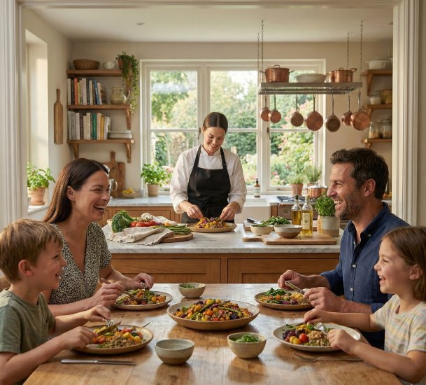 Organisez un dîner végétarien prestigieux qui ravira tous vos invités sans aucun effort famille mangeant un diner végétarien