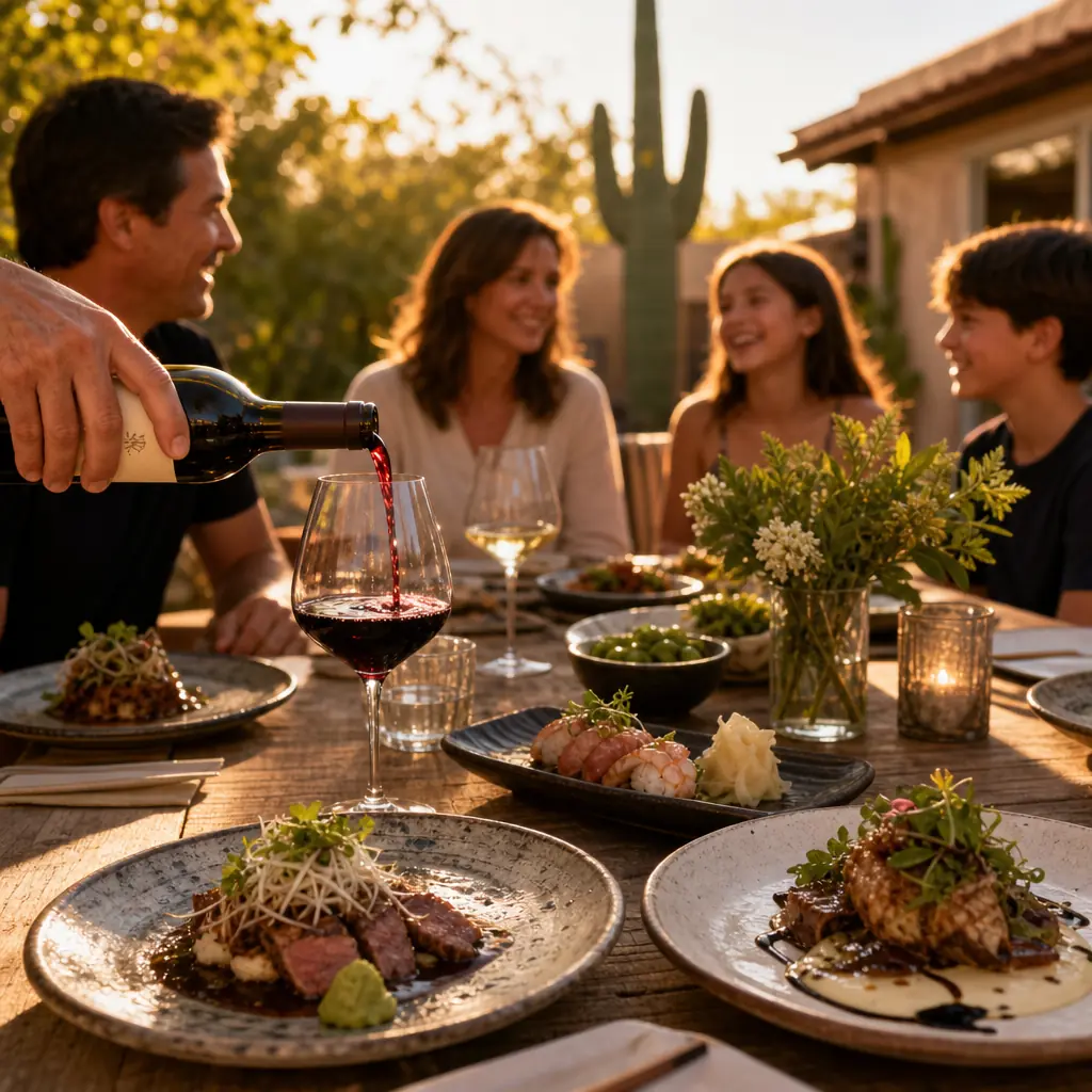 Private Chef vs Catering: Cost, Service & Which to Choose Close-up of a hand pouring wine at a family reunion outdoor table with Japanese and French fusion dishes in warm Scottsdale afternoon light.