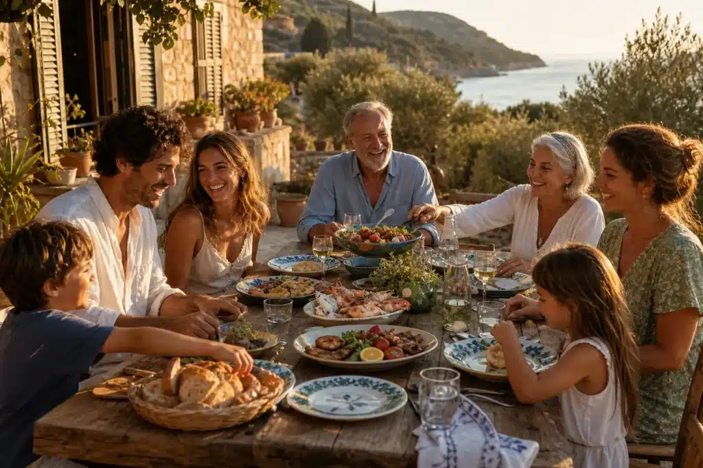 Family vacation dinner ideas: easy and stress-free meals family villa terrace golden hour dinner