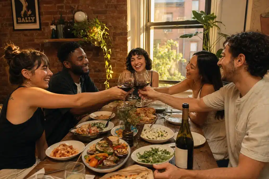 Friends laughing and sharing Mediterranean dinner around a wooden table in a warm Brooklyn brownstone dining room