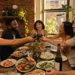 Friends laughing and sharing Mediterranean dinner around a wooden table in a warm Brooklyn brownstone dining room