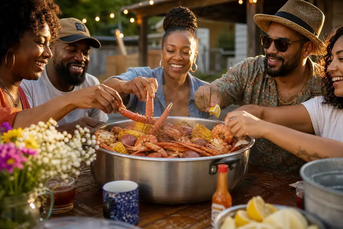 How to Host a Seafood Boil Party: Tips for a Perfect Celebration Close-up of friends passing a steaming pot of seafood boil at a Southern backyard party, hands reaching in with crab legs and lemon wedges.