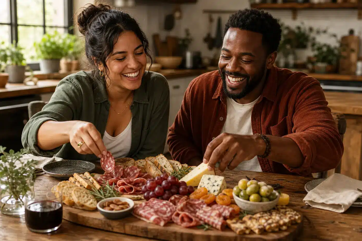 Charcuterie Spread Ideas for a Party: Tips & Expert Inspiration Two friends laughing and reaching for salami and cheese from a casual charcuterie board in a warm, cozy kitchen lit by natural window light