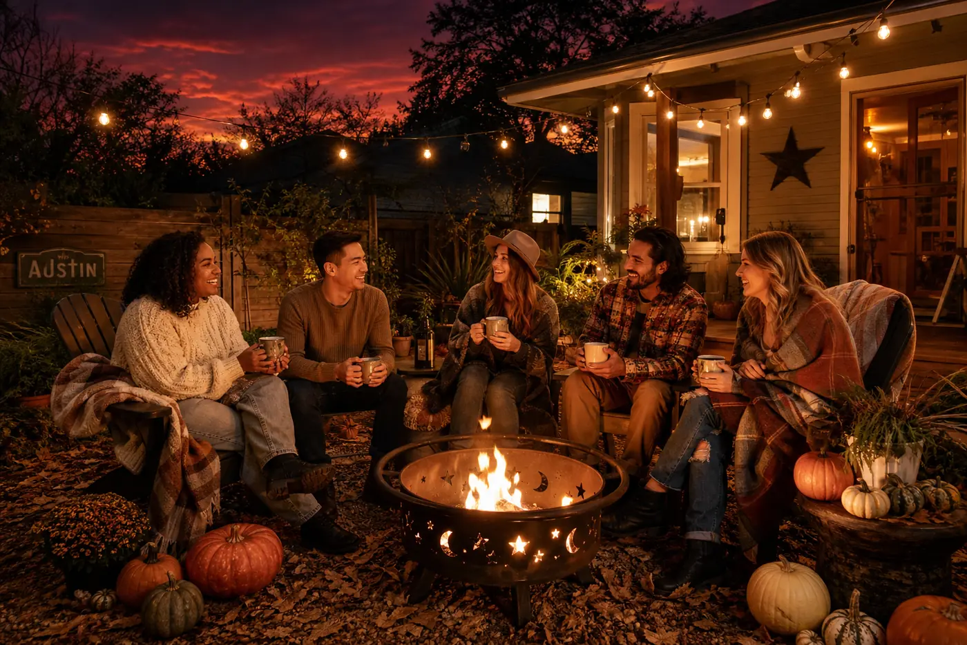 Friendsgiving Food Ideas: Easy, Delicious Menus for Your Celebration Diverse group of friends wrapped in sweaters around a fire pit at dusk in an Austin bungalow backyard with string lights and autumn decor.
