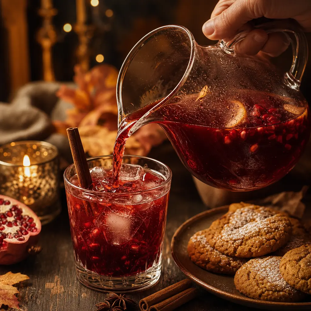 Friendsgiving Food Ideas: Easy, Delicious Menus for Your Celebration Hand pouring a red pomegranate cocktail with cinnamon garnish into a glass beside a plate of spiced pumpkin cookies on a dark wooden table with autumn decor.
