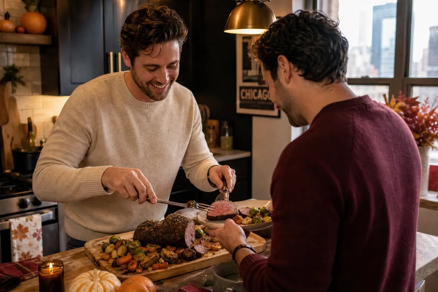 Friendsgiving Food Ideas: Easy, Delicious Menus for Your Celebration Two friends casually serving herb-crusted beef tenderloin and roasted vegetables from a wooden platter in a warmly lit Chicago apartment kitchen.