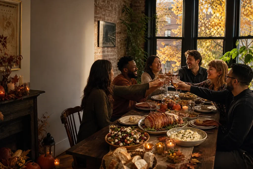 Diverse group of friends raising glasses around a warmly lit wooden table for a casual Friendsgiving feast with autumn decor in a Brooklyn brownstone dining room.