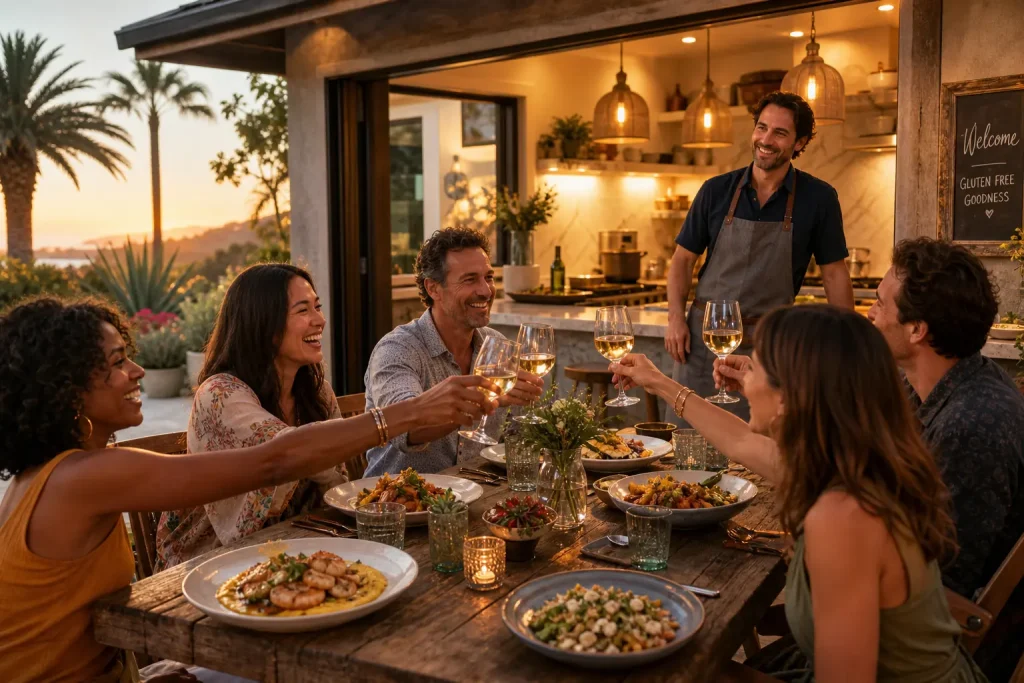 Diverse group of friends toasting at a warm, stylish outdoor dinner party with chef serving gluten-free Mediterranean dishes in a modern California home.