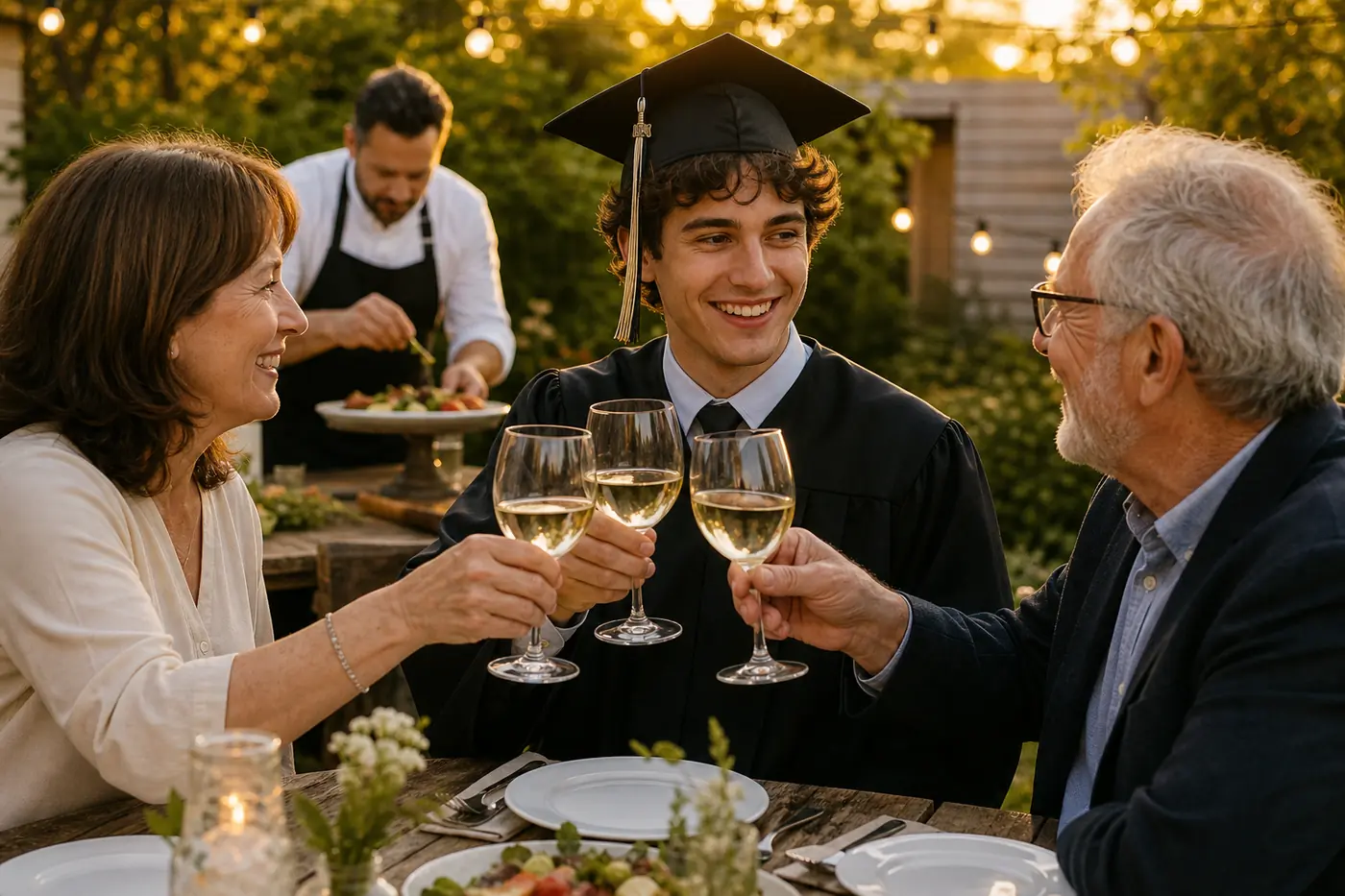 Graduation Party Food Ideas: Easy & Crowd-Pleasing Menus for 2026 Graduate toasting with family members at a backyard table with a chef prepping food in the background.