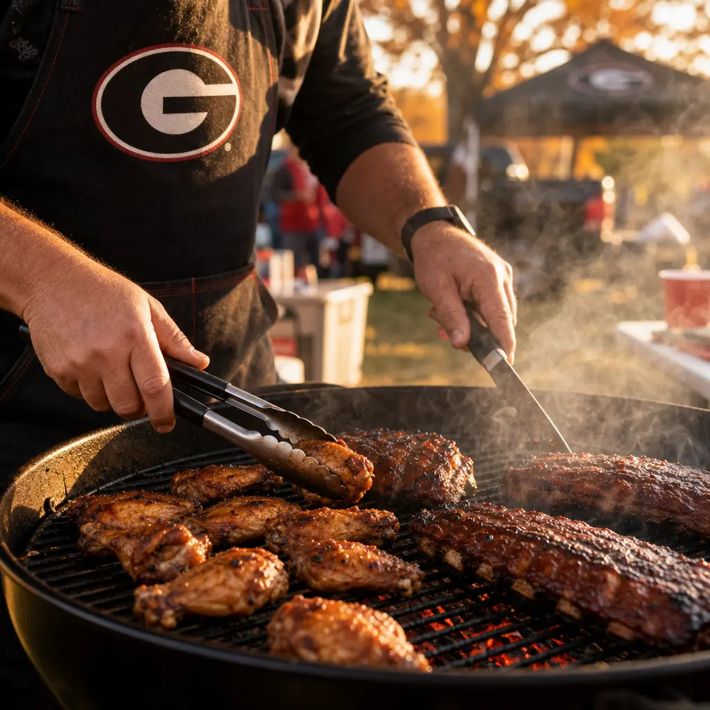 Tailgate Party Food Ideas: Easy, Crowd-Pleasing Recipes & Tips Close-up of hands turning wings on a smoky charcoal grill outdoors in warm autumn light