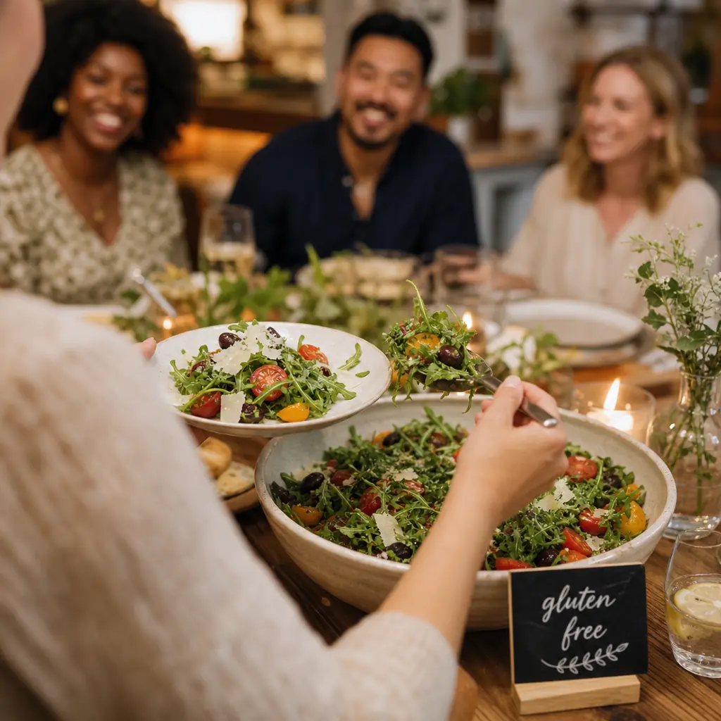 Gluten Free Dinner Party Menu Ideas for a Stress-Free Celebration Guest laughing and serving themselves herb salad at a warm, relaxed gluten-free dinner party with friends in a modern American home.