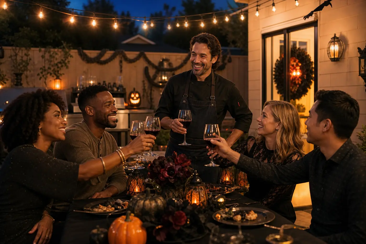 Halloween Dinner Ideas: Plan a Spooky & Stress-Free Party at Home Guests and a chef sharing a relaxed Halloween toast on a warmly lit backyard patio decorated with pumpkins, string lights, and dark florals.