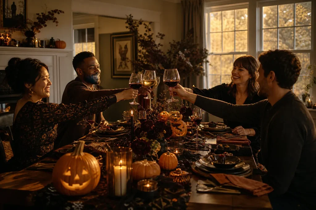 Friends enjoying a warm, candlelit Halloween dinner party in a cozy American dining room with carved pumpkins and dark floral arrangements.