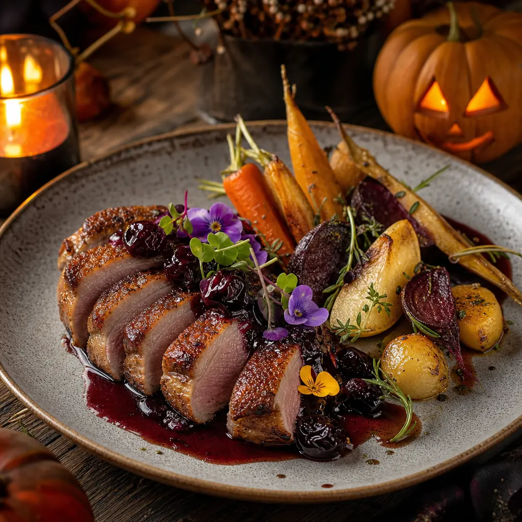 Halloween Dinner Ideas: Plan a Spooky & Stress-Free Party at Home Close-up of an elegant Halloween dish of seared duck breast with cherry reduction and roasted vegetables on a rustic plate next to a candle and small pumpkin.