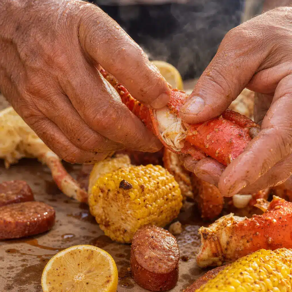 How to Host a Seafood Boil Party: Tips for a Perfect Celebration Close-up of a hand cracking a steamed crab leg over a rustic seafood boil spread on butcher paper with steam rising.