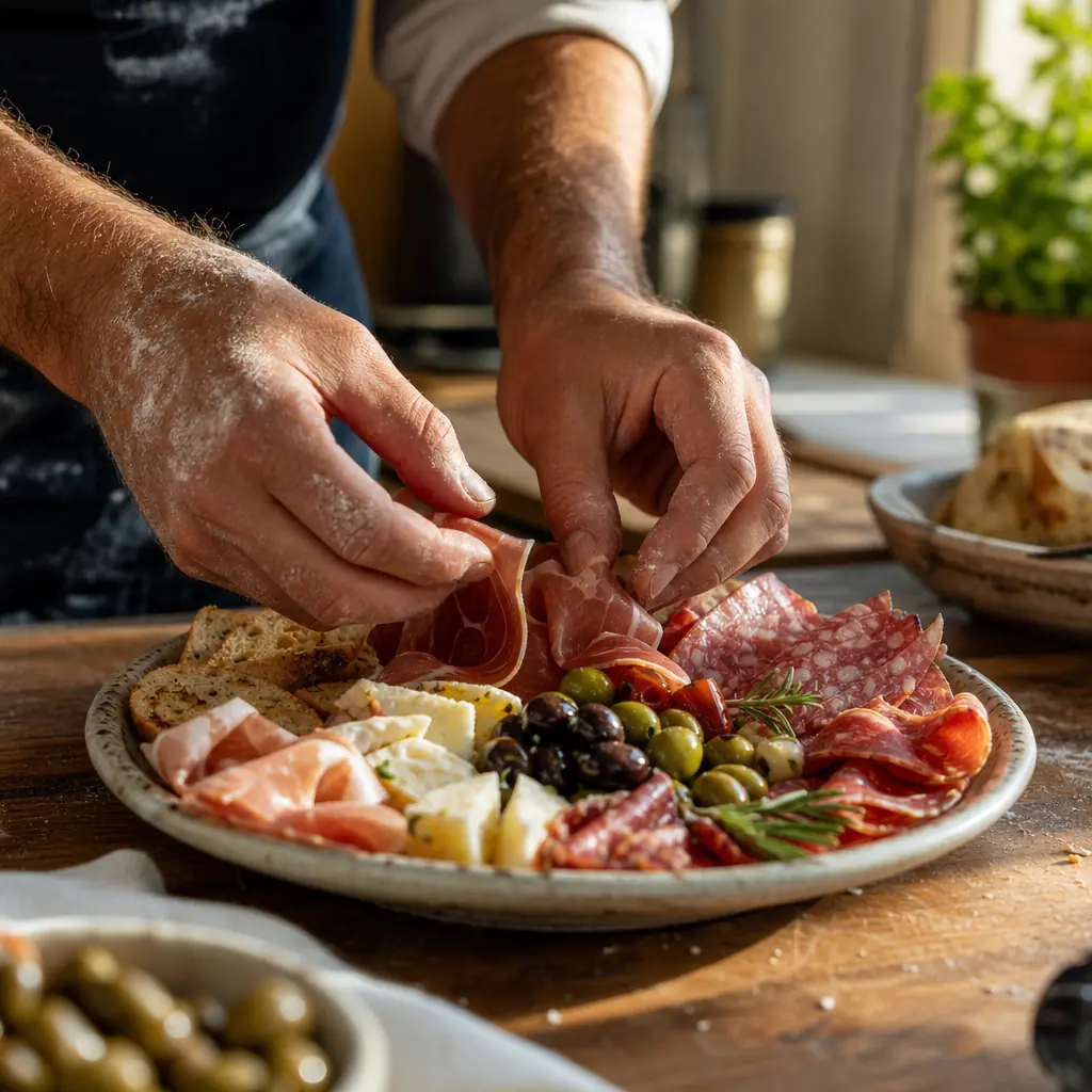 How to Start a Personal Chef Business from Home close-up of a personal chef’s hands carefully plating a rustic Italian antipasto platter in natural light