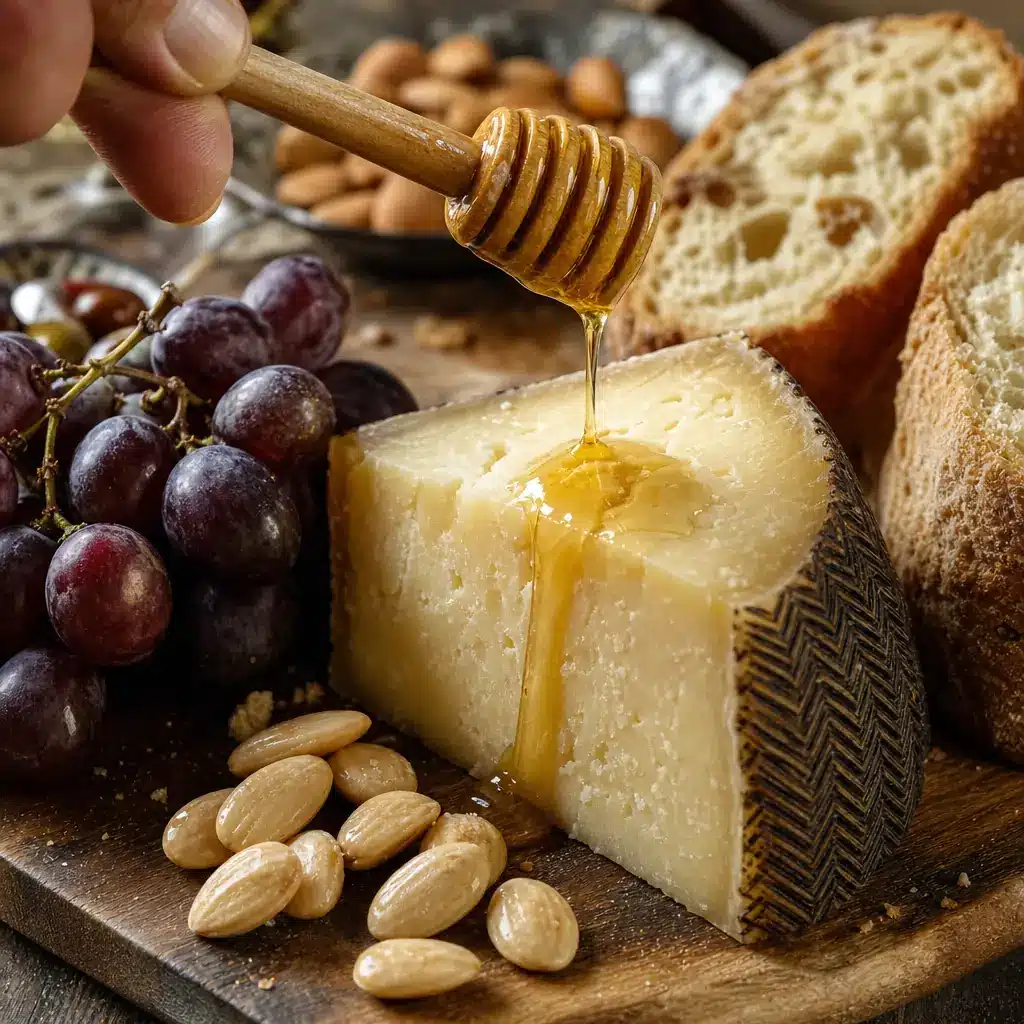 Charcuterie Spread Ideas for a Party: Tips & Expert Inspiration Close-up of hand drizzling honey over a wedge of Manchego cheese on a rustic charcuterie board with grapes and almonds in warm natural light