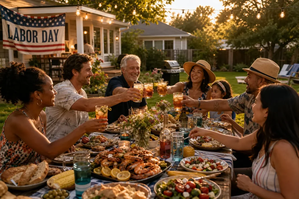 Diverse group of friends and family enjoying a warm, sunlit Labor Day dinner around a long wooden outdoor table in a classic American backyard.