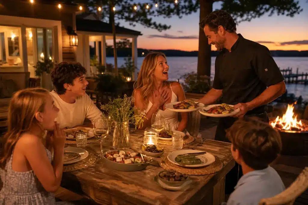 Family vacation dinner ideas: easy and stress-free meals lake house firepit dinner private chef