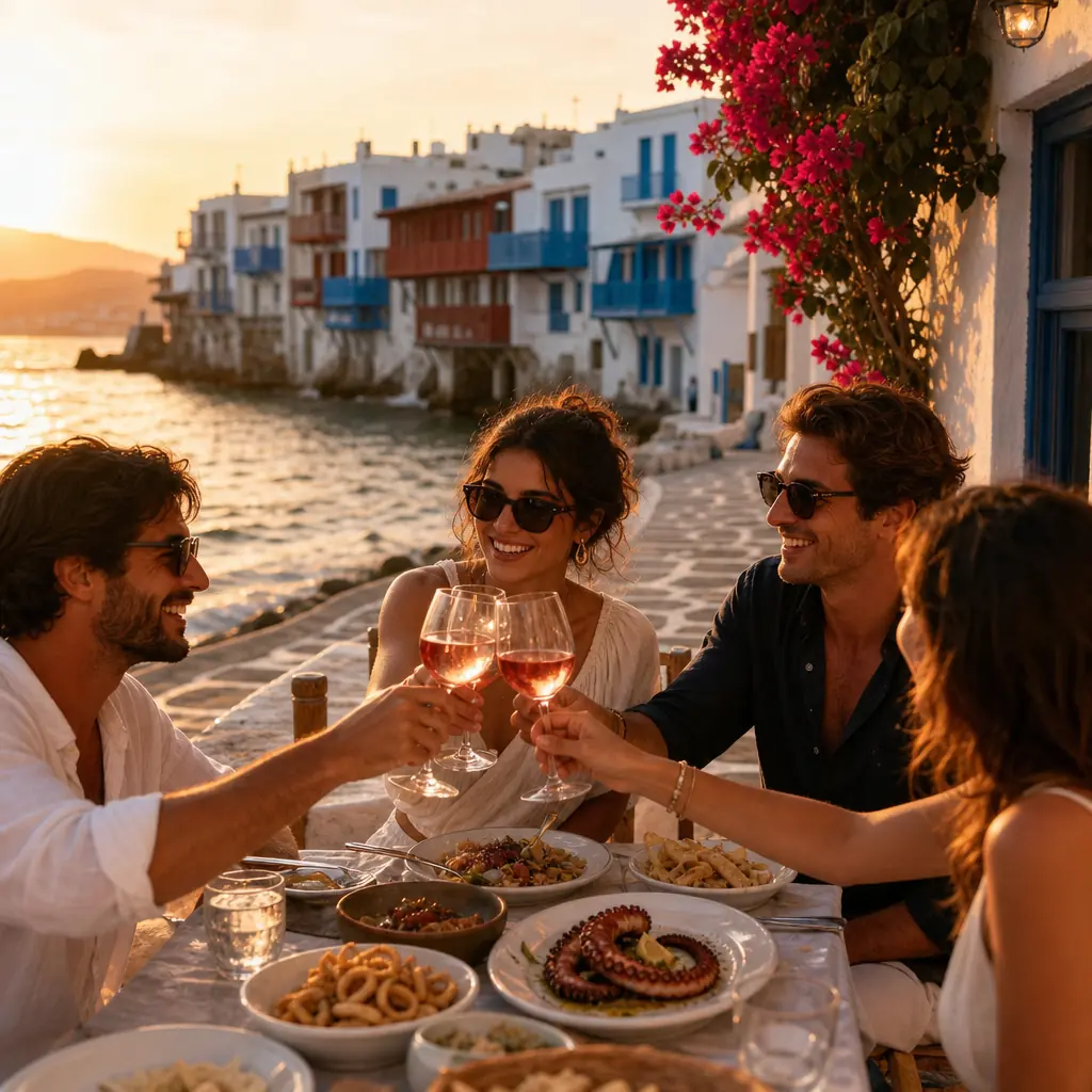 Mykonos Food Guide: Authentic Local Eats & Dining Tips Friends toasting with rosé over seafood dishes at a cobblestone table in Little Venice, Mykonos at sunset with blue shutters and sea view