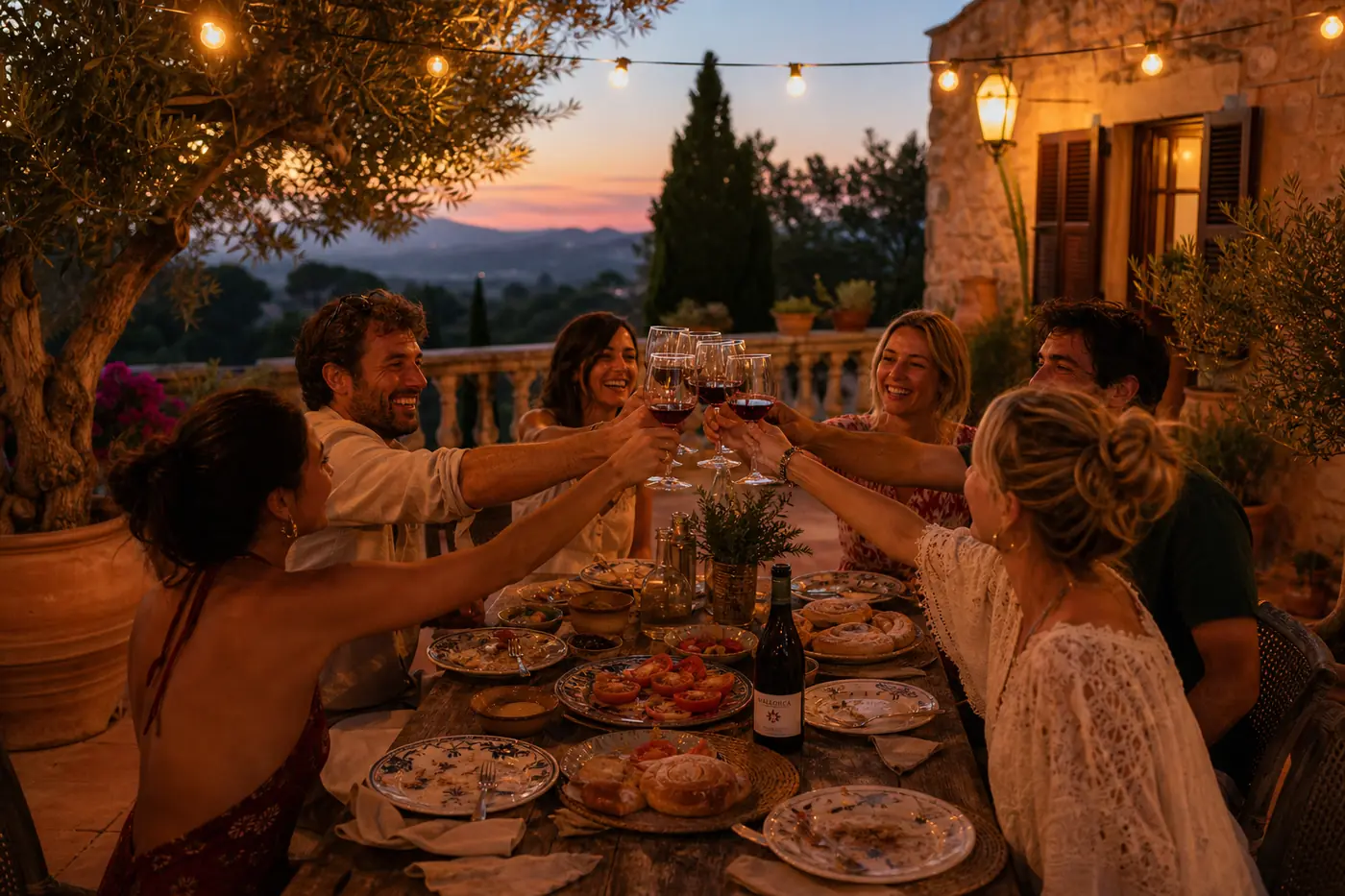 Group of friends toasting with glasses of wine at dusk on a rustic villa terrace in Mallorca surrounded by olive trees and string lights